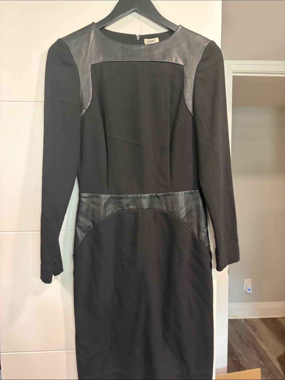 L'AGENCE Black Long-Sleeve Sheath Dress with Faux Leather Insets